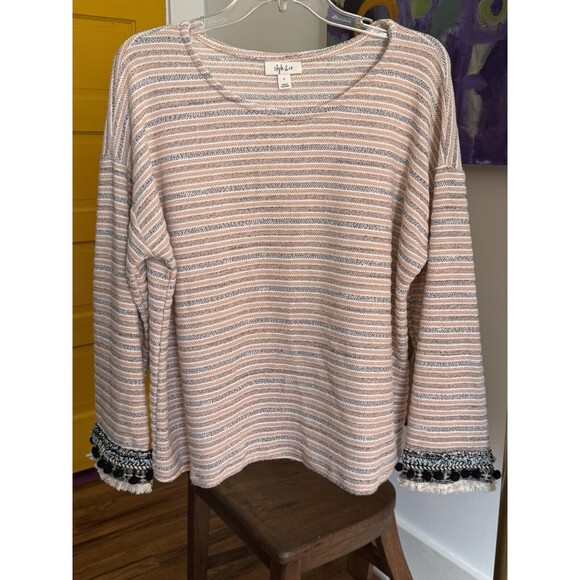 Style & Co. Lt Pink/Wht/Blk Pullover Top Long Sleeves, Size L Pom-poms Sleeves - Picture 1 of 8